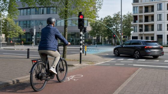 A helmeted city e-bike rider approaches an intersection while a car passes at a safe distance.