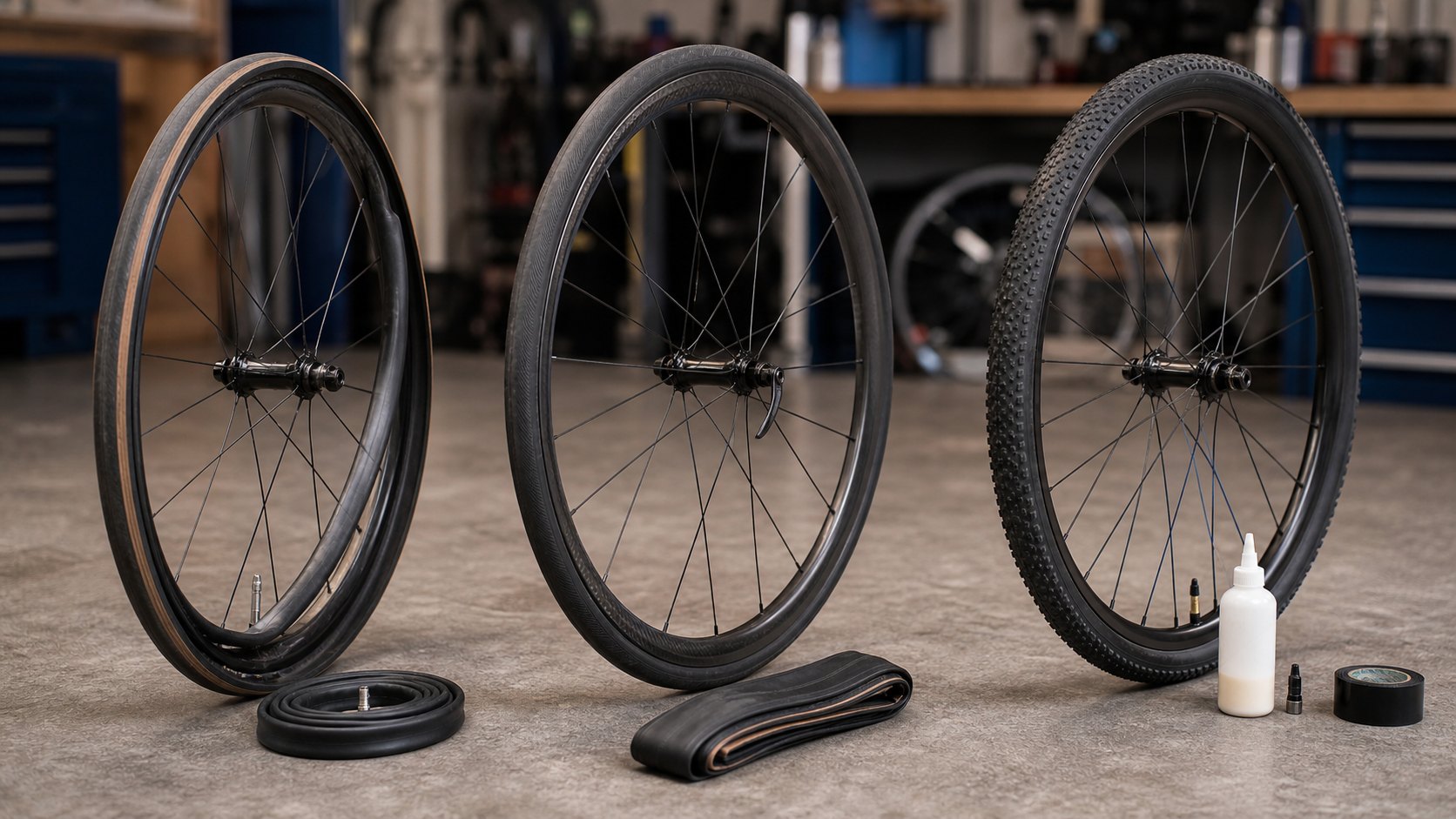 Three bicycle wheel and tire setups arranged for comparing clincher, tubular, and tubeless systems.