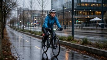 A cyclist in a blue rain jacket rides on a protected wet bike lane with lights on.
