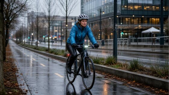 A cyclist in a blue rain jacket rides on a protected wet bike lane with lights on.