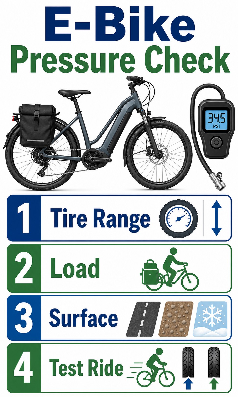 Vertical infographic showing the four-step e-bike tire pressure check: tire range, load, surface, and test ride.