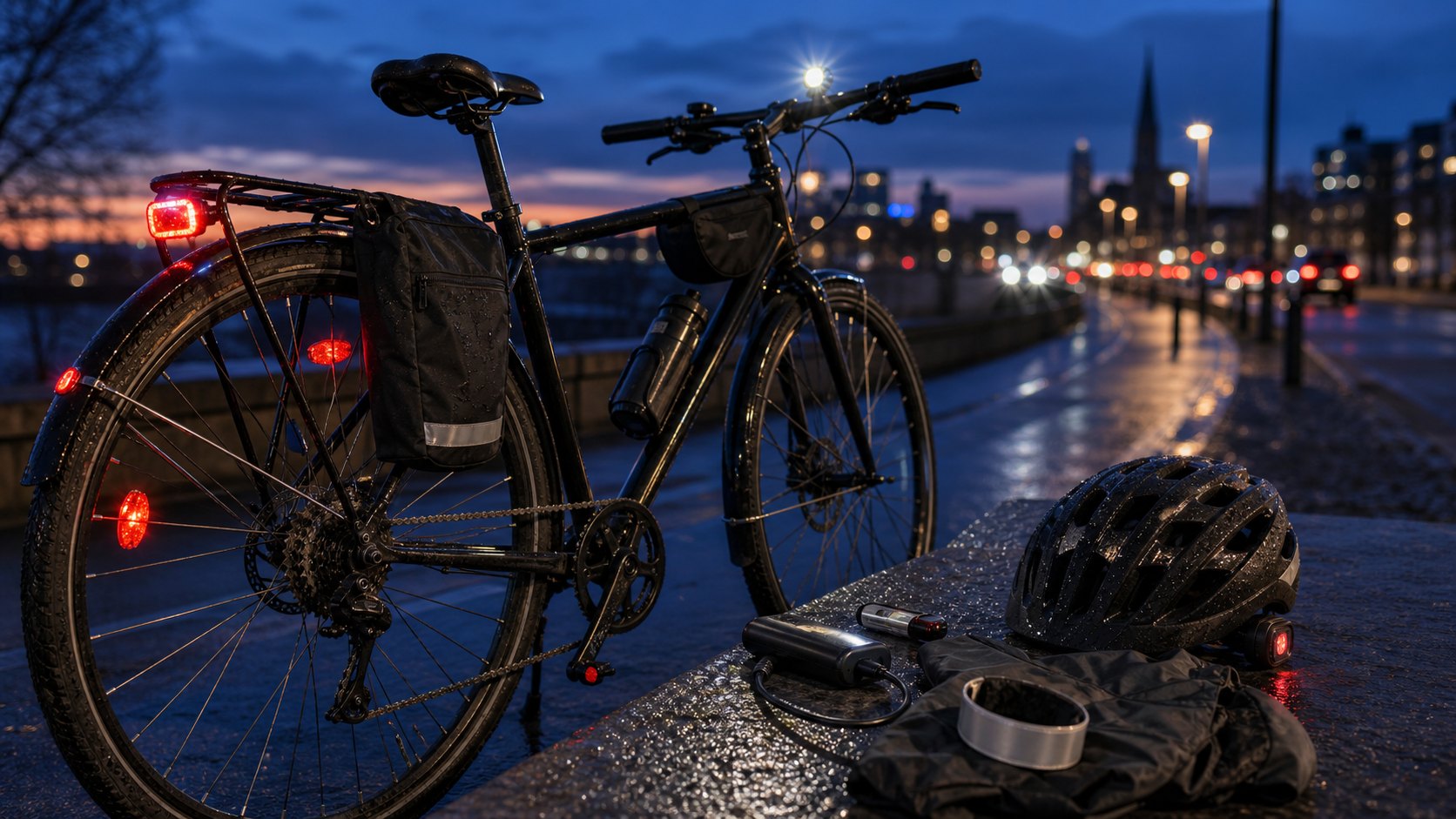 Commuter bike with front light, rear light, reflectors, helmet, and spare battery on wet pavement at dusk.