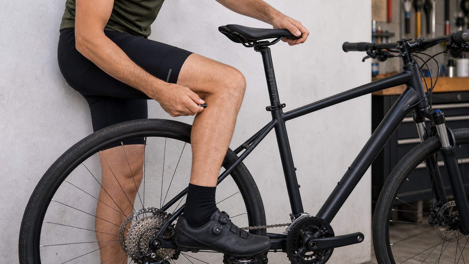 A rider adjusts saddle height on a bicycle using a seatpost clamp.