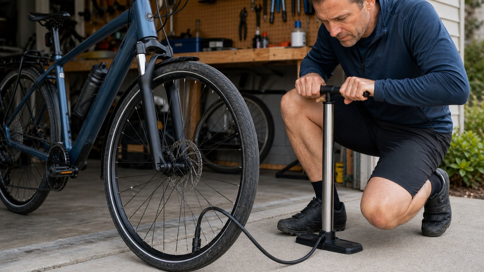A rider uses a floor pump to inflate a bicycle tire beside a work stand.