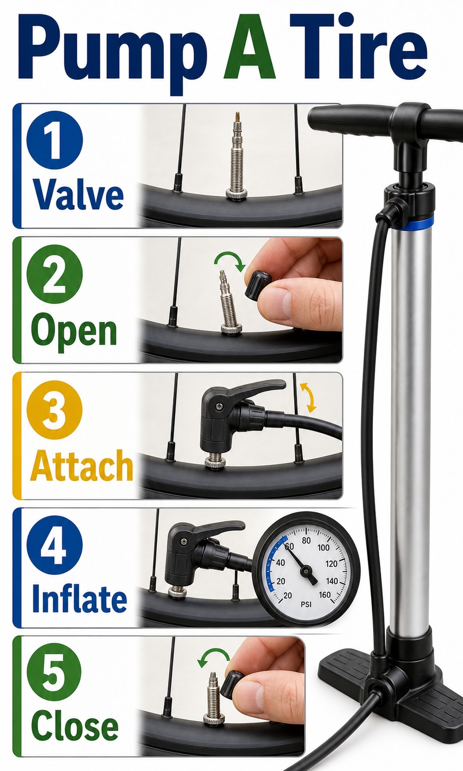 Vertical infographic showing how to pump a bike tire: identify valve, open valve, attach pump, inflate, and close.