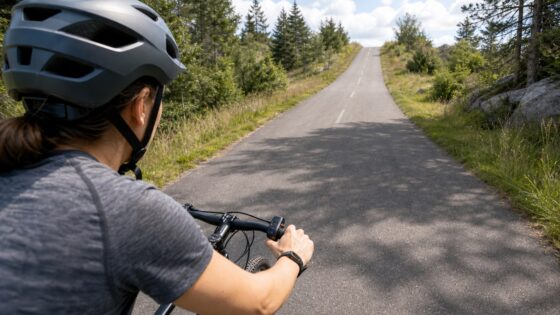 A beginner cyclist shifts gears while riding on a quiet paved path.