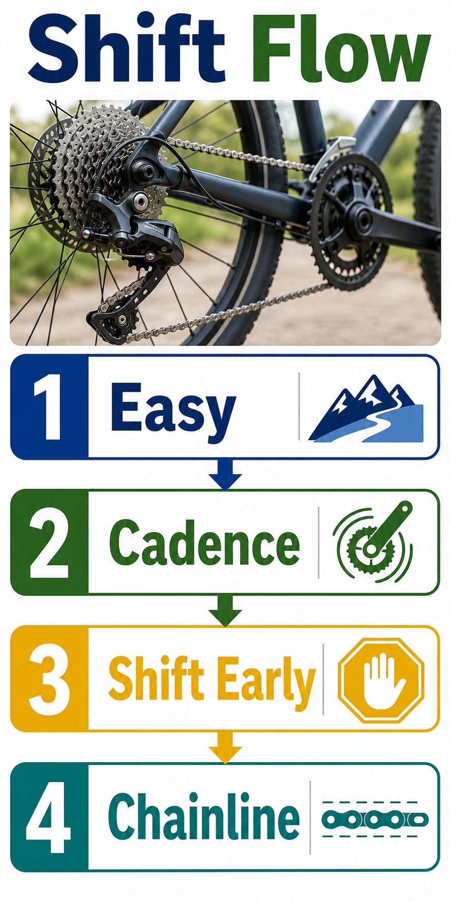 Vertical infographic showing when to shift gears on a bike: easy gear, steady cadence, shift early, and avoid cross chaining.