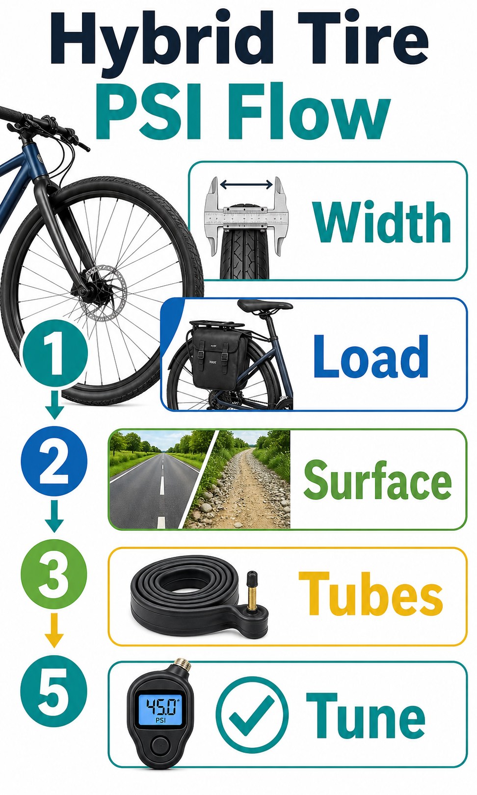 Vertical infographic showing a hybrid tire PSI flow through width, load, surface, tubes, and tuning.