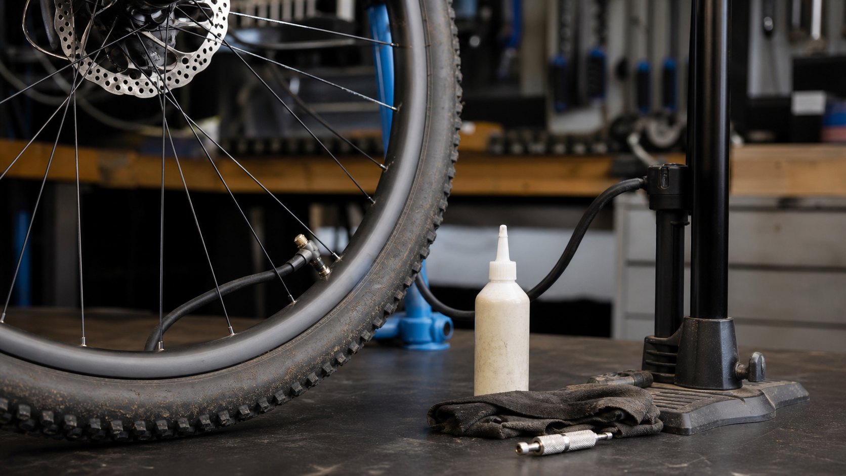 Tubeless bike tire inflation setup with wheel, floor pump, valve tool, sealant bottle, and workshop rag.