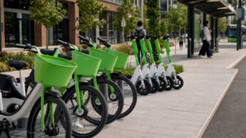 A row of shared e-bikes and e-scooters parked neatly near a transit stop.