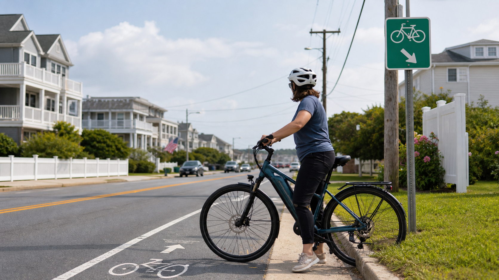 A rider on an e-bike beside a marked bike lane on a residential street.