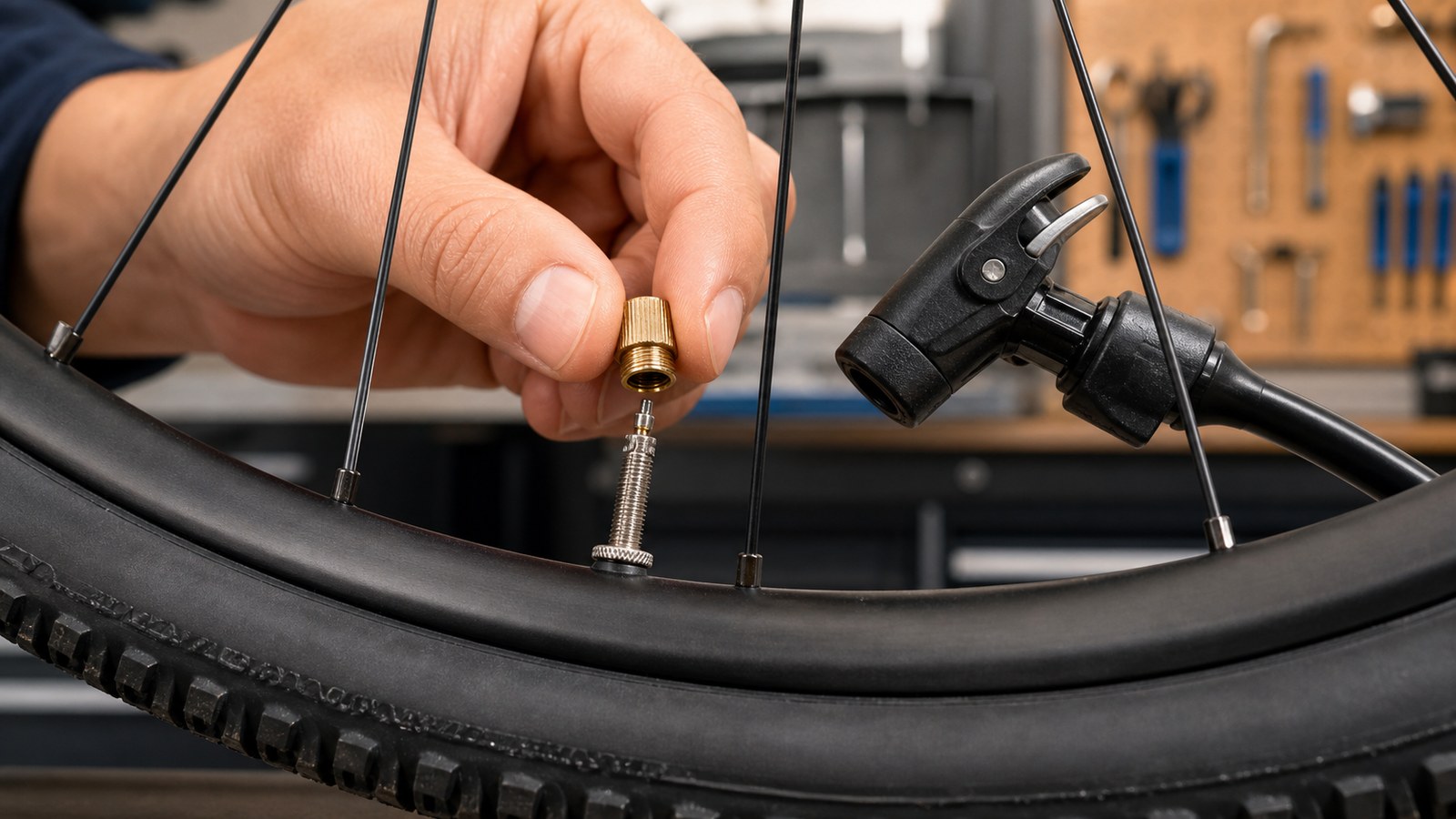 A small brass Presta valve adapter attached to a bicycle valve beside a floor pump.