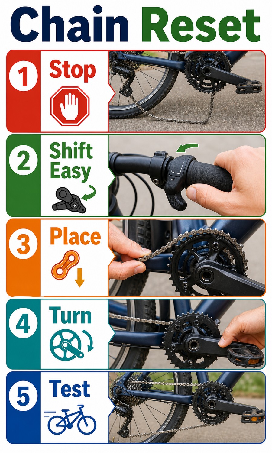 Vertical infographic showing how to put a bike chain back on: stop, shift easy, place chain, pedal by hand, and test.