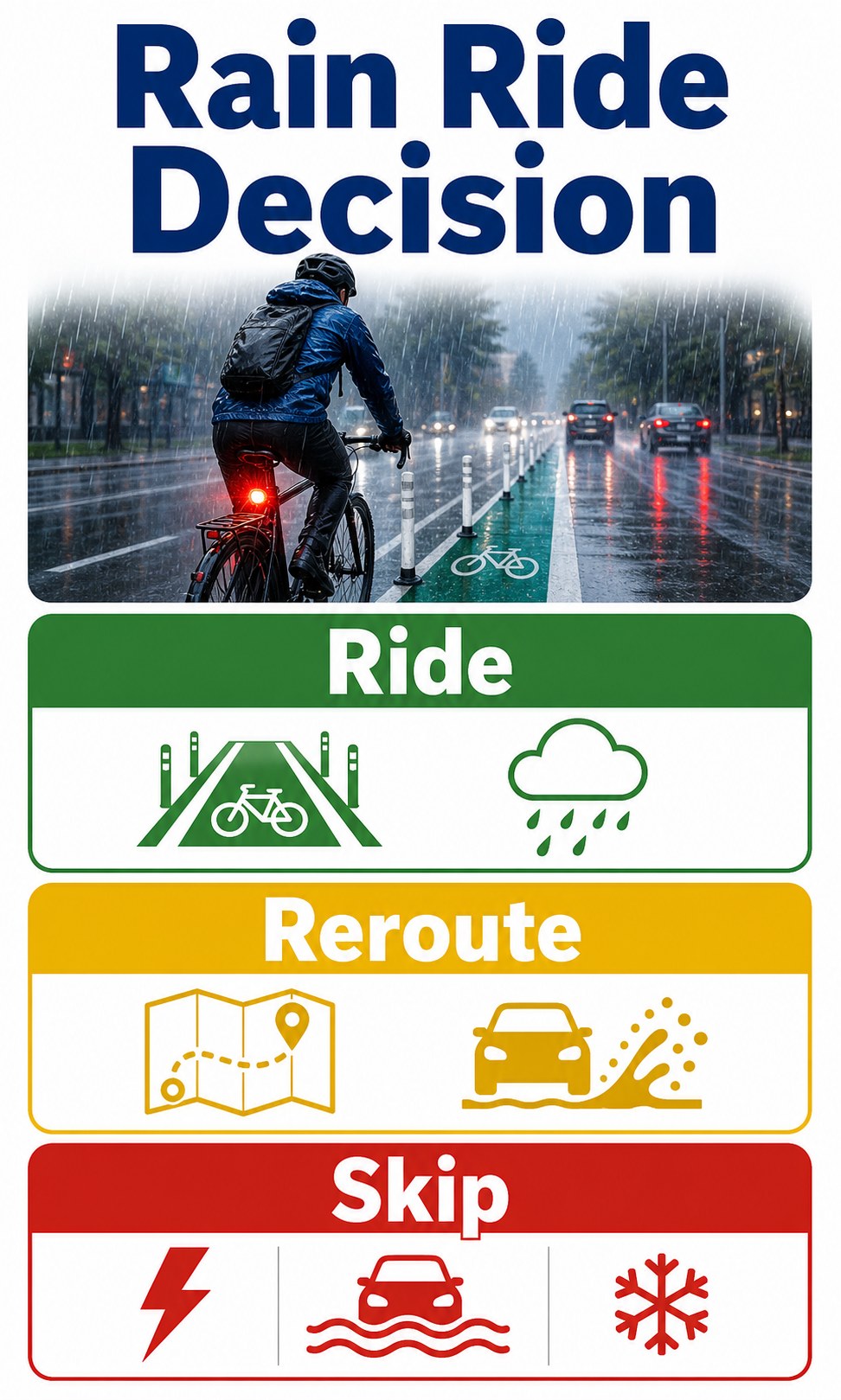 Vertical infographic showing rain ride decisions: ride, reroute, or skip based on conditions.