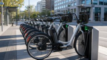 A row of unbranded docked city bike-share e-bikes charging at an urban transit stop.