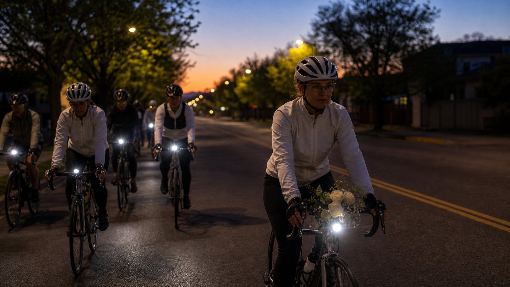 Small group of cyclists riding quietly at dusk with lights in a respectful memorial mood.