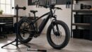 An unbranded black fat-tire e-bike in a workshop before a safety inspection.