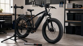 An unbranded black fat-tire e-bike in a workshop before a safety inspection.