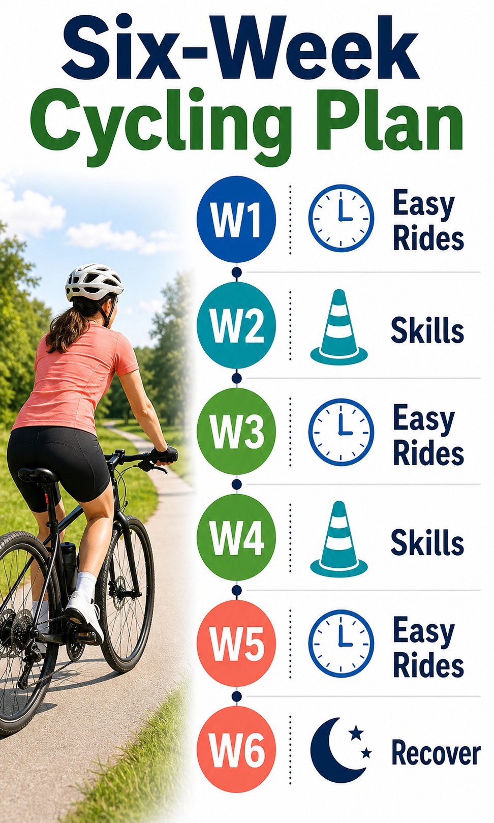 Vertical infographic showing a six-week beginner cycling plan timeline with easy rides, skills, and recovery.