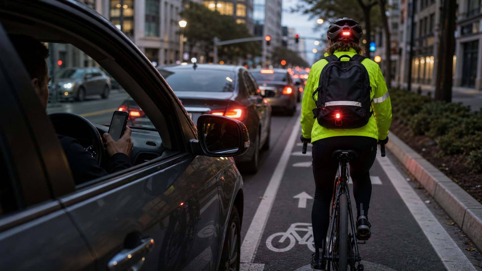 Cyclist riding in a bike lane near traffic while a nearby driver is distracted by a phone.