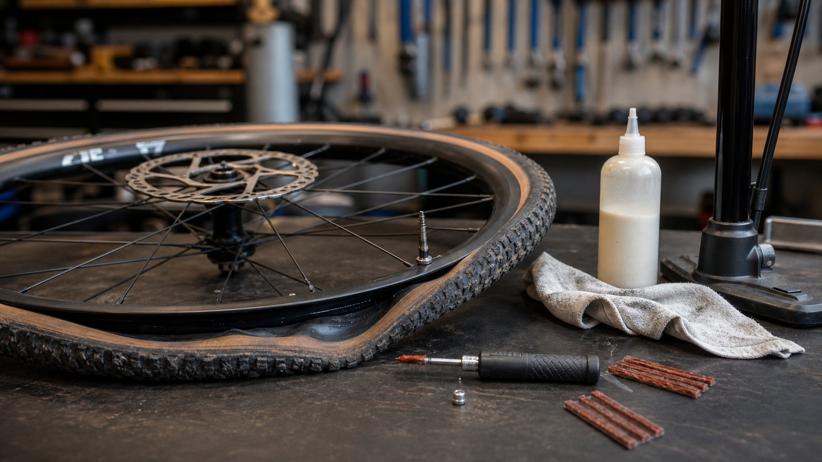 Tubeless-ready bicycle wheel, valve core, sealant, tire plugs, and setup tools on a workshop bench.