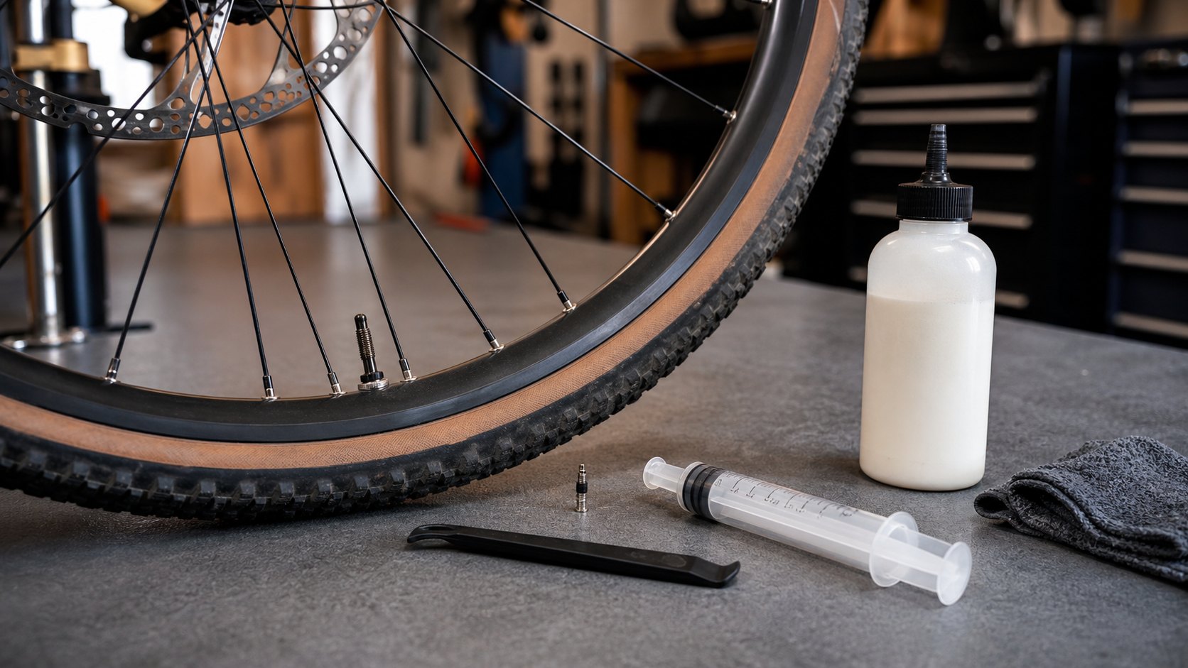Tubeless bike tire setup with sealant bottle, syringe, valve core tool, and gravel wheel.