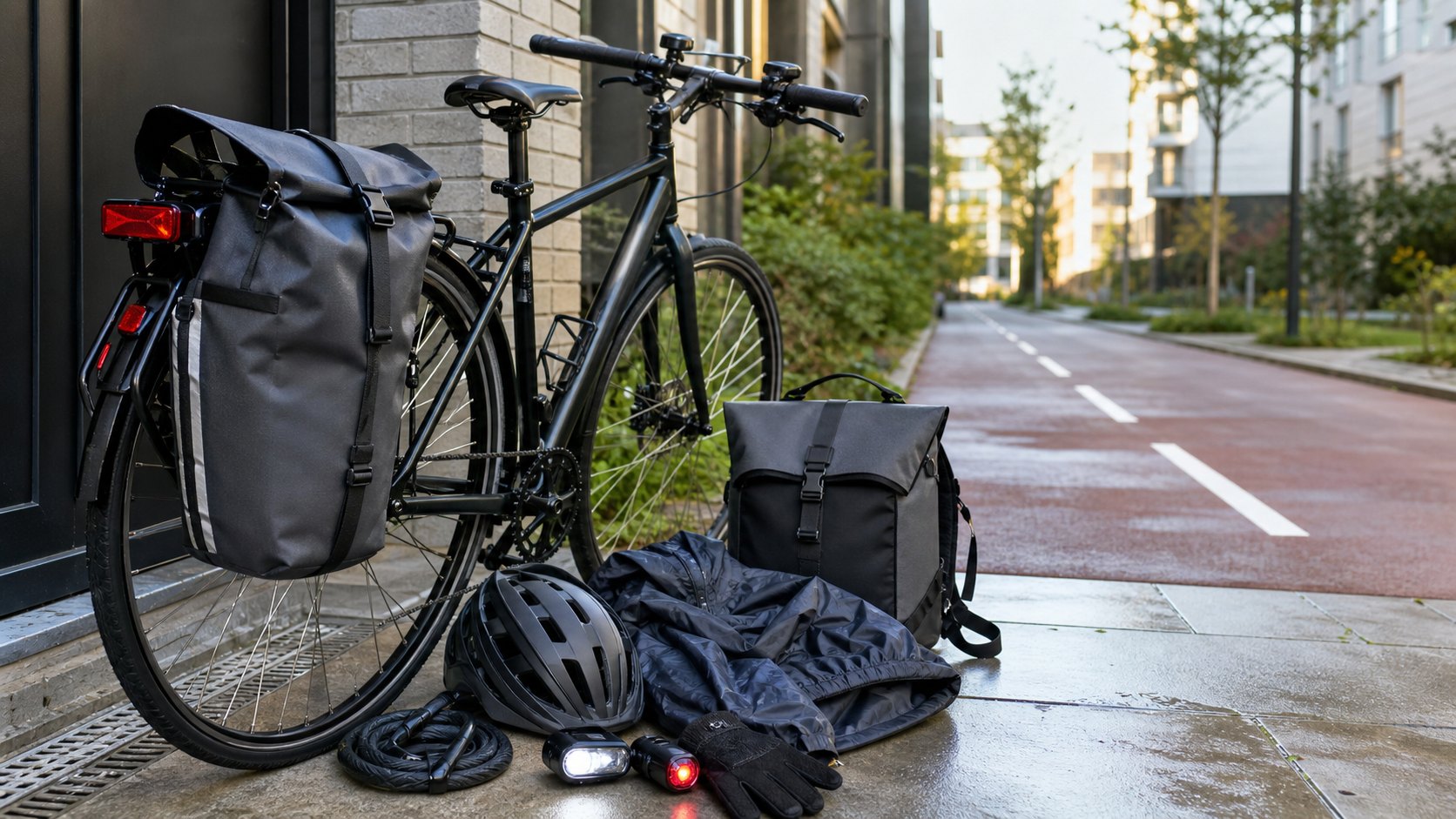 Urban commuter bike with pannier, helmet, lock, lights, rain shell, and work bag near a bike lane.