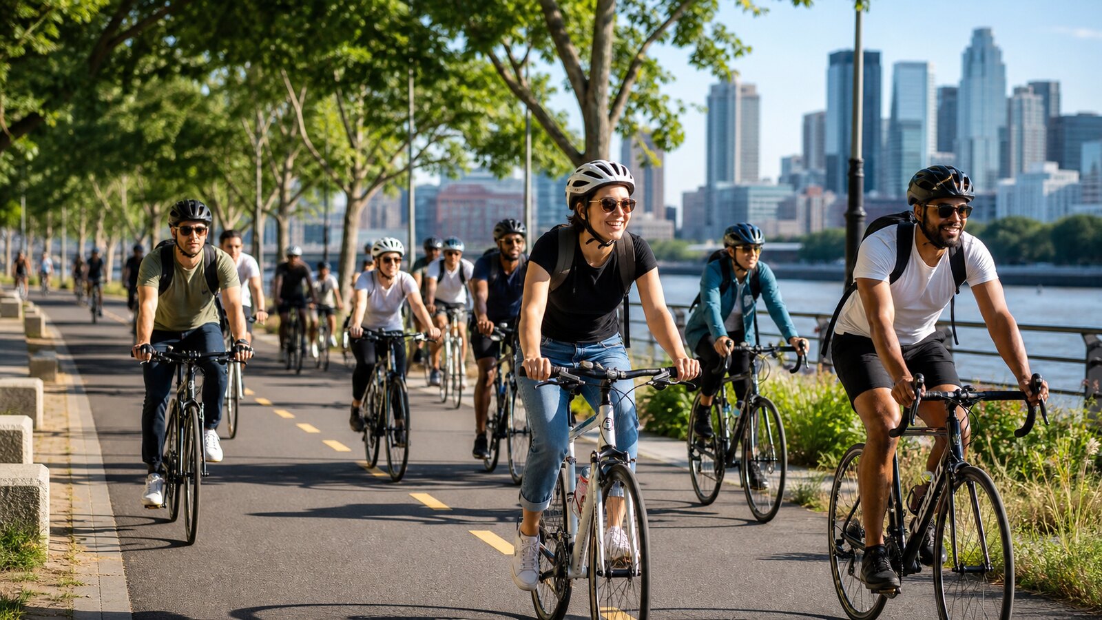 A group of everyday cyclists riding together on an urban bike path.