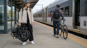 A generic commuter rail platform scene with a folding e-bike and standard bicycle used for NJ Transit rule coverage.