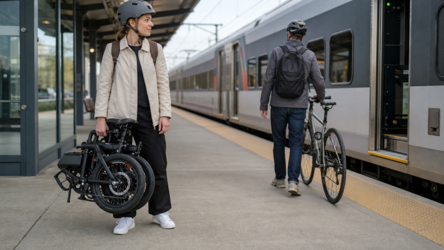 A generic commuter rail platform scene with a folding e-bike and ...