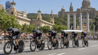 A generic Barcelona road cycling team time trial scene used as an editorial visual for Tour de France Stage 1 coverage.