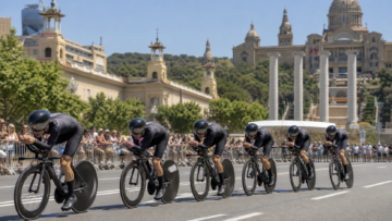 A generic Barcelona road cycling team time trial scene used as an editorial visual for Tour de France Stage 1 coverage.