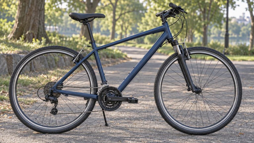 An unbranded aluminum hybrid bike with a suspension fork and rim brakes parked on a paved park path