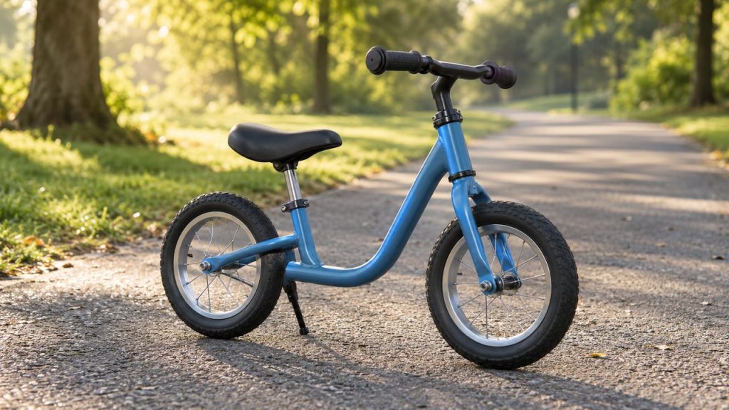 A small blue kids balance bike with no pedals or chain parked on a park path