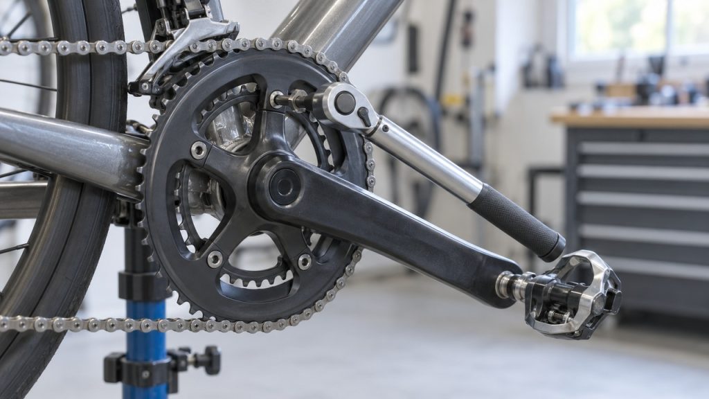 Torque wrench resting on a chainring bolt of a road bike crankset in a workshop stand
