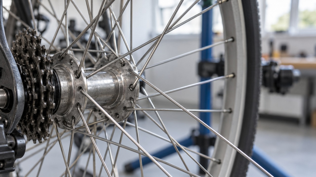 Close-up of crossing spokes at the hub flange of a rear wheel in a workshop stand