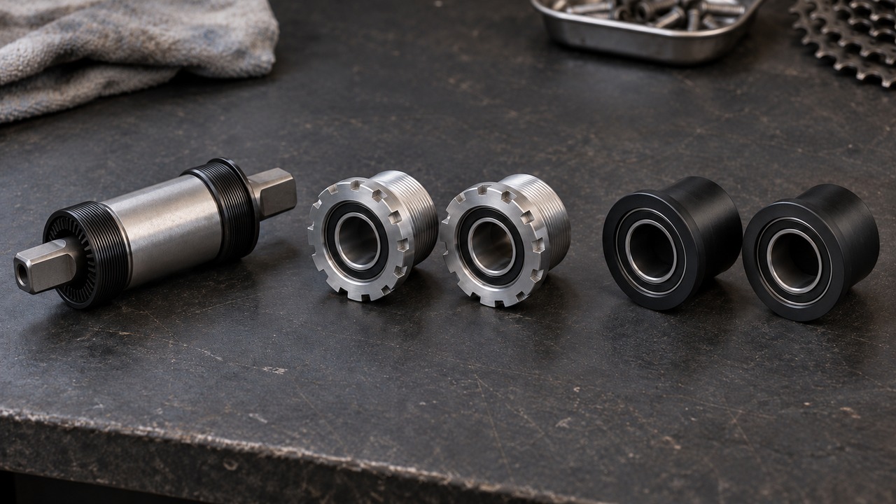 Illustration of a square-taper cartridge bottom bracket, a pair of notched external threaded cups and a pair of smooth press-fit cups