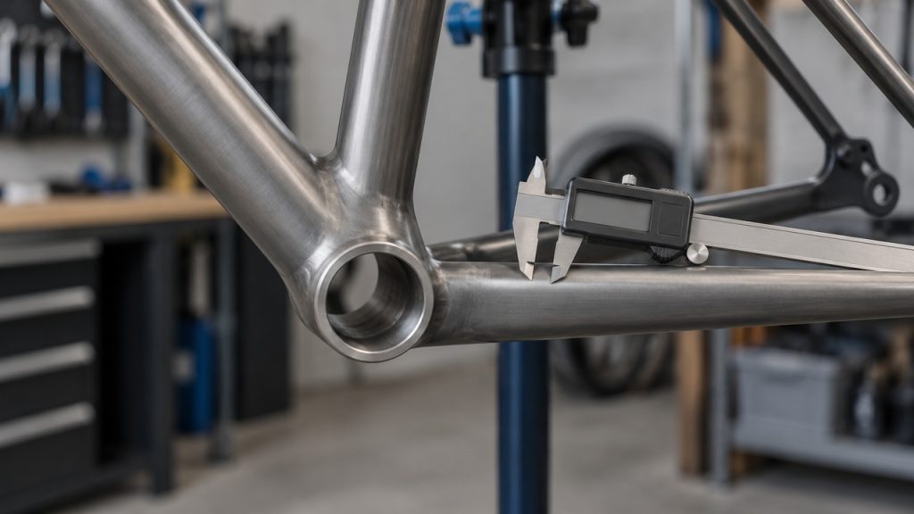 Empty bottom bracket shell of a bike frame in a repair stand with a digital caliper resting on the chainstay