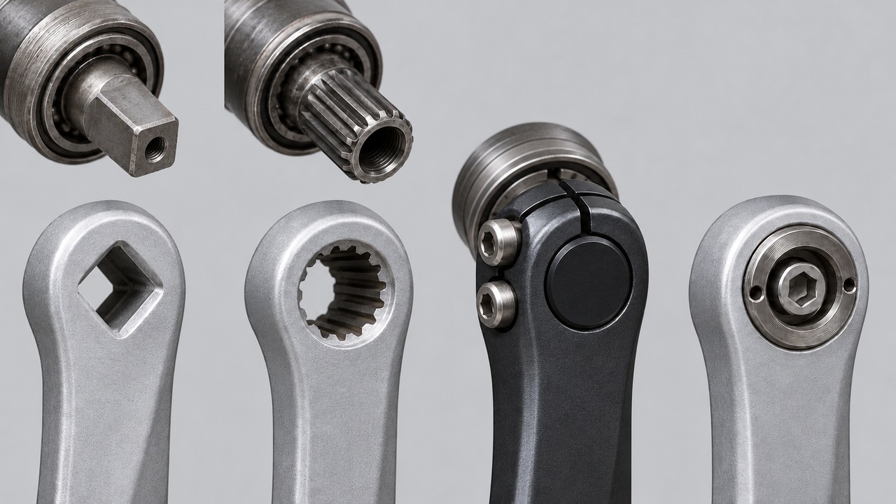 Four crank arm interfaces side by side: a square taper spindle end, a splined spindle end, a split left arm with two pinch bolts and a self-extracting cap ring around a single bolt