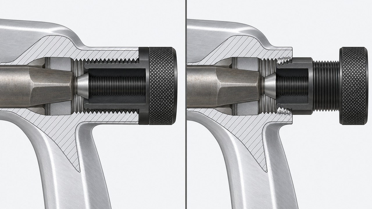 Cutaway of a crank arm with a puller fully threaded in next to a puller engaged by only two threads