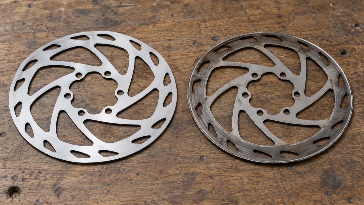 A new bicycle disc rotor beside a worn rotor with a lip at the edge of its braking track