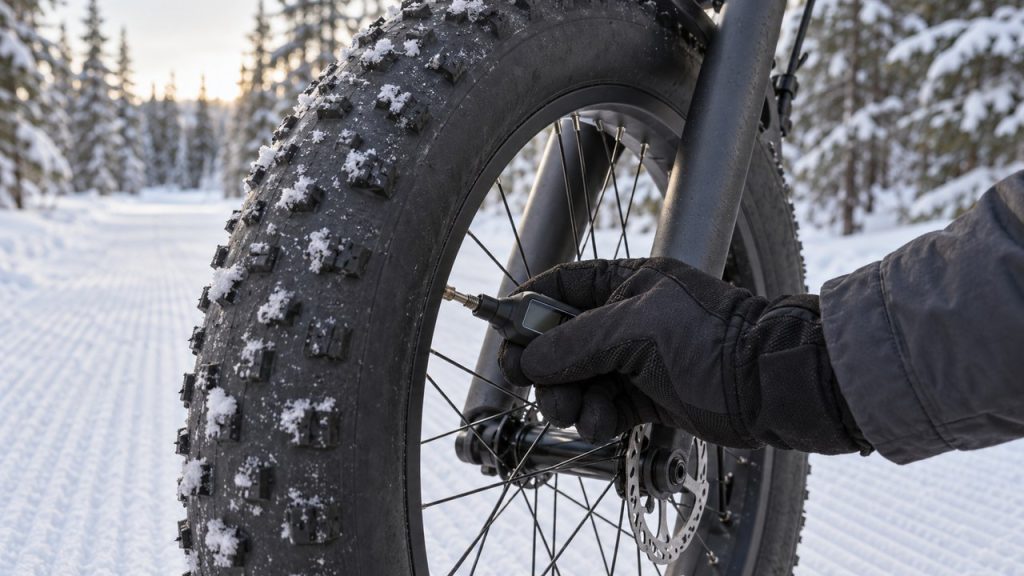 Gloved hand checking a fat bike front tire pressure with a digital gauge on a groomed snow trail