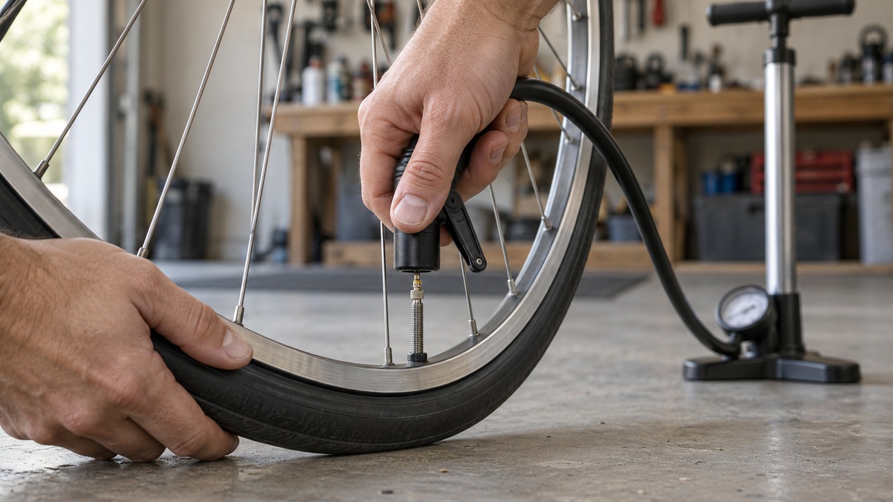 Hands holding a floor pump head over an opened Presta valve on a road wheel, with the pump and gauge behind
