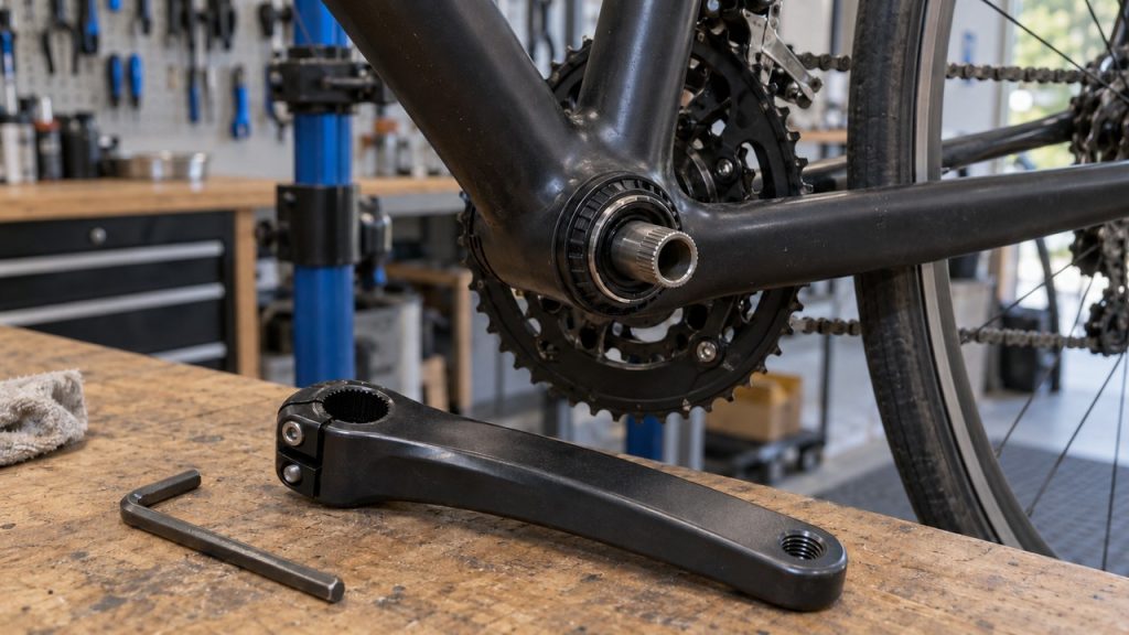 A road bike in a repair stand with the left crank arm removed and resting on the workbench beside a hex wrench