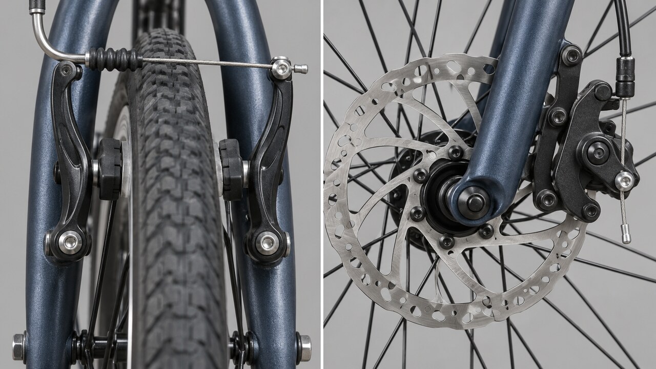 Illustration comparing a linear-pull rim brake beside a wheel rim with a cable-operated disc brake caliper on a hub rotor