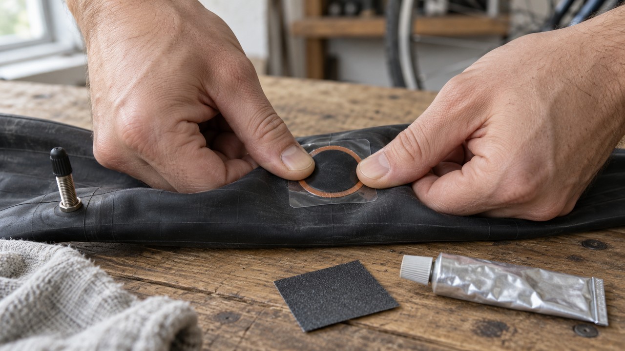 Thumbs pressing a round rubber patch onto a sanded spot on a black inner tube