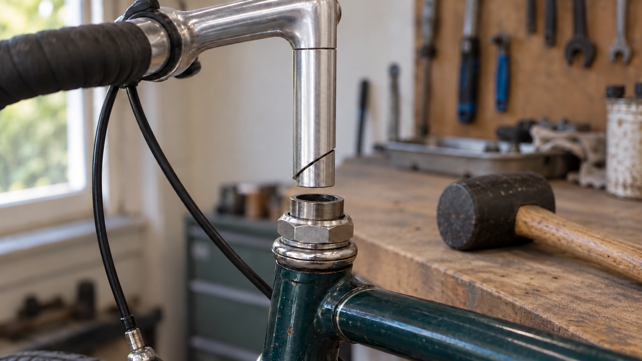 A quill stem lifted out of a steel bike frame, showing the angled wedge at its base