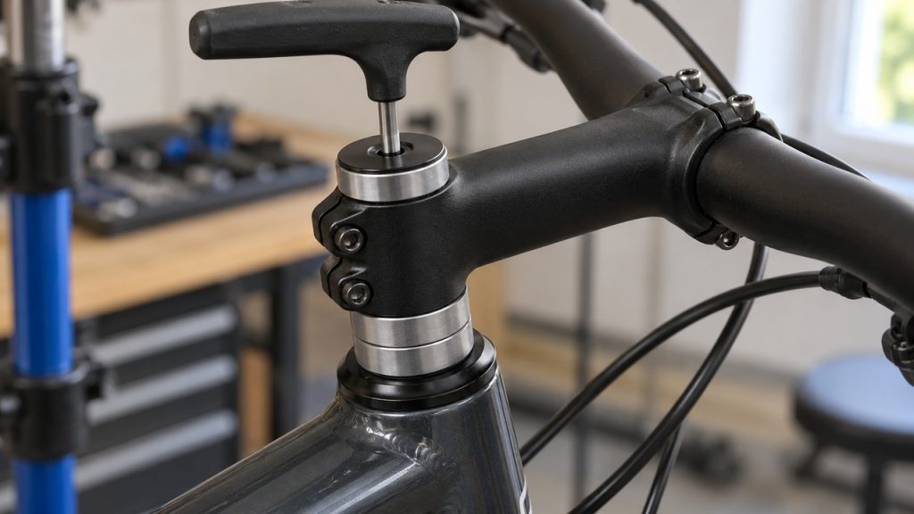 Threadless bike stem on a fork steerer with spacer rings above and below it and a hex key resting on the top cap