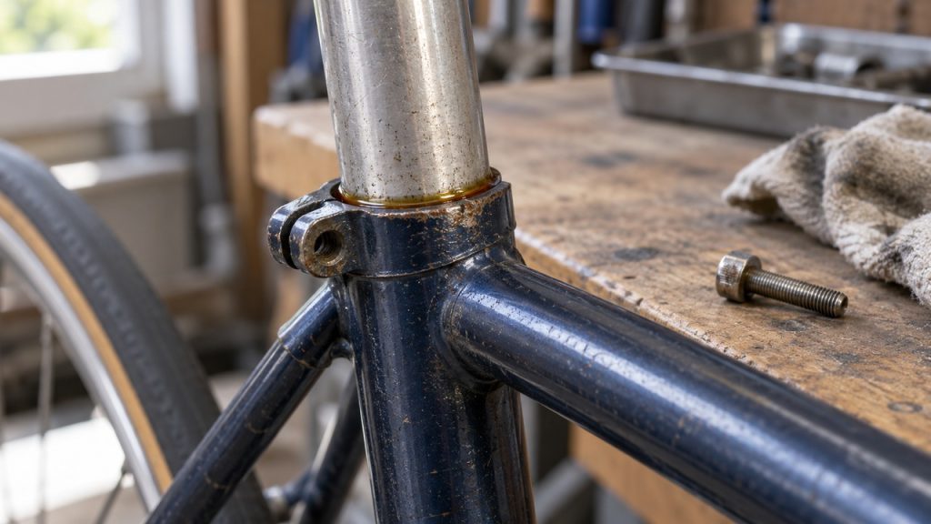 Close-up of a seatpost where it enters the seat tube, with the binder bolt removed and penetrating oil around the joint