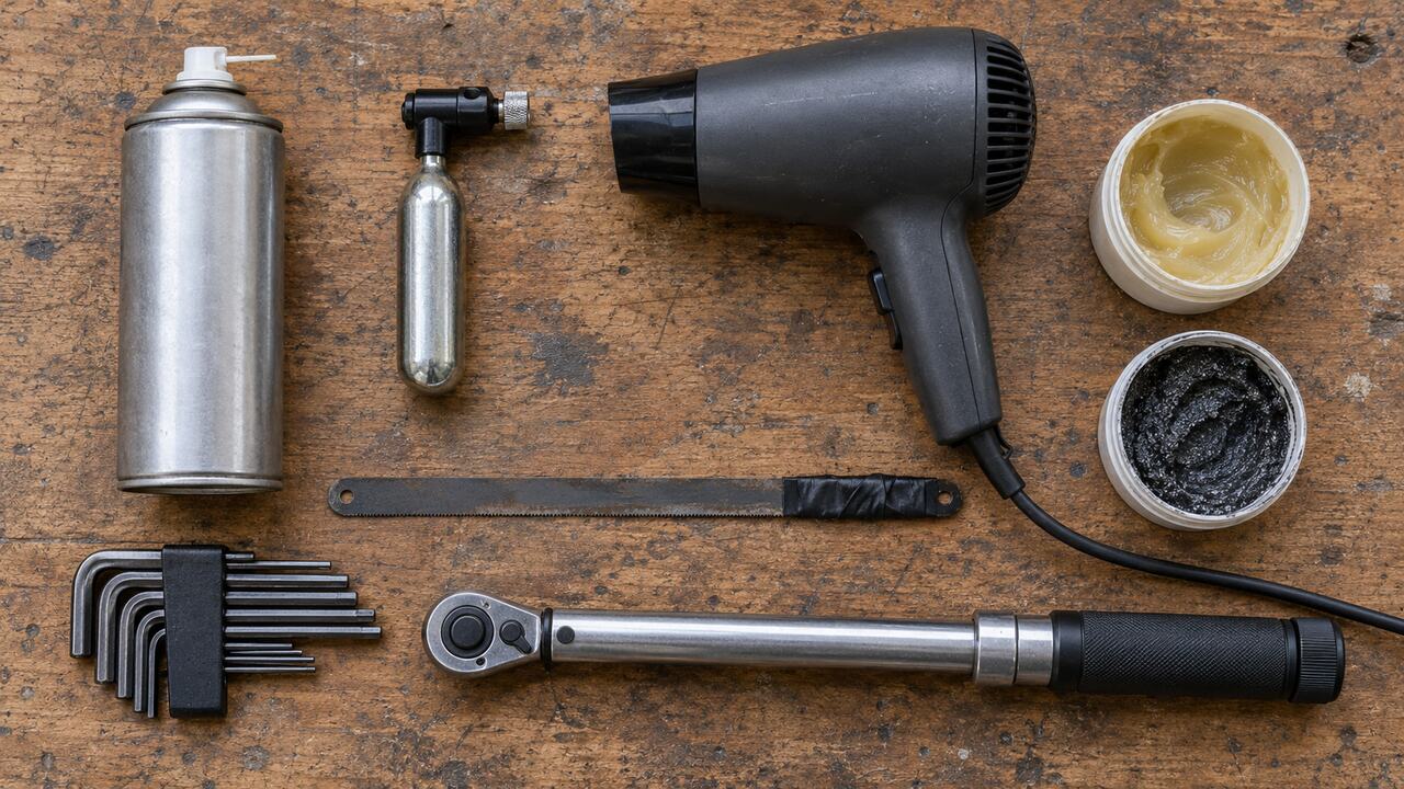 Flat lay of penetrating oil, a CO2 cartridge, a hair dryer, a taped hacksaw blade, hex keys, a torque wrench and tubs of grease and carbon paste